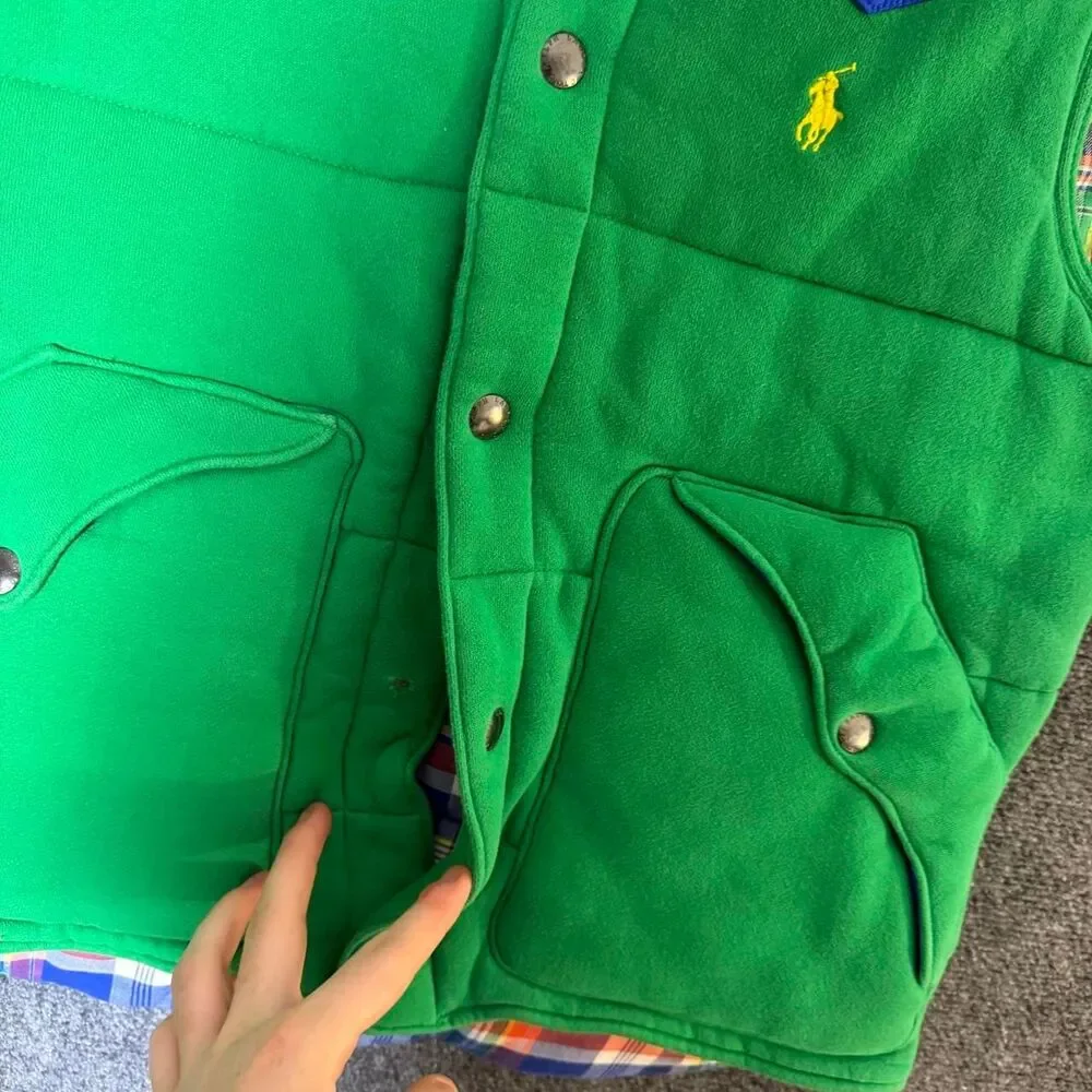 Polo Ralph Lauren Green/Blue Down Insulated Snap Front Puffer Vest Mens Small